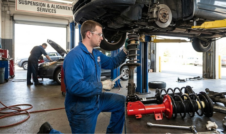 Mechanic inspecting car suspension and underbody at Hassonjee Automotives