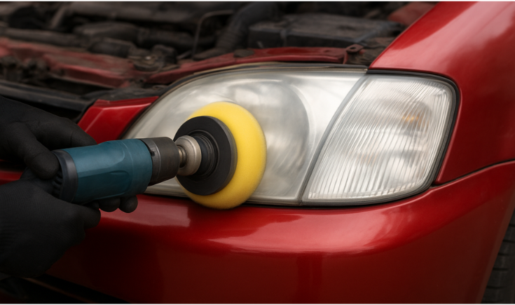 Foggy and yellow car headlights before restoration service in Amravati