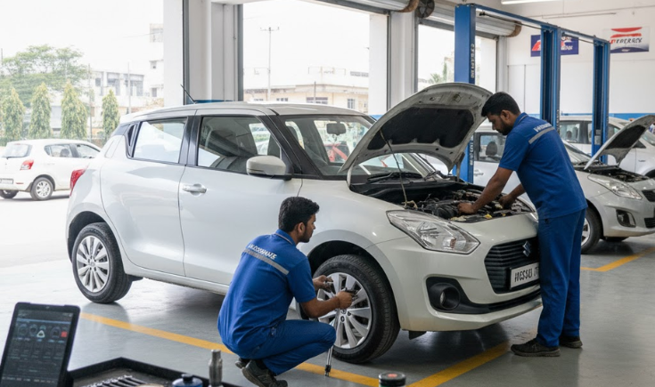 Maruti Suzuki car receiving essential maintenance at Hassonjee Automotives Amravati