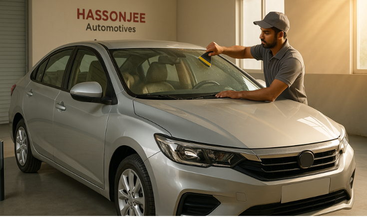 New car with freshly installed heat-rejection film in Amravati